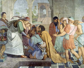 (1 Mos 45:14) Josef omfamnar Benjamin, målning av Peter von Cornelius 1817.