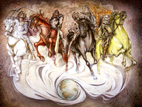 (Upp 6:3) De fyra hästarna och ryttarna, illustration från revelationillustrated.com.