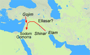 (1 Mos 14:1) Fyra kungar från norr och öst attackerar Sodom och Gomorra och tre intilliggande städer.