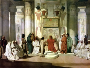 (1 Mos 41:14) Josef inför farao, målning av Adrien Guignet.