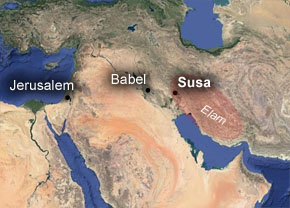 (Neh 1:1) Staden Susa ligger närmare 40 mil öster om Babylon.