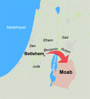 (Rut 1:1) Elimelek flyttar med sin familj från Betlehem till Moab. Det är anmärkningsvärt att han inte väljer Ruben eller Gads område längs med Jordandalen.