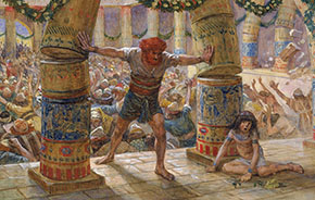 (Dom 16:29) James Tissots målning när Simson river ner pelarna i det filistéeiska templet (1896-1902).