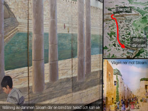 (Joh 9:1) Vid utgrävningarna vid Siloamdammen finns målningar över hur platsen kunde sett ut på Jesu tid.
