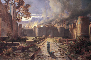 (1 Mos 19:23) Sodom förstörs, av den franske målaren Jules Laurens (1825-1901).