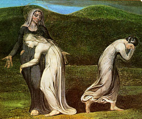 (Rut 1:11) Noomi försöker övertala Rut och Orpah att återvända till Moab, William Blakes 1795.