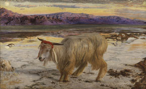 (3 Mos 16:6) Syndabocken av William Holman Hunt. Målad på plats vid Döda havet 1854. I bakgrunden syns Edoms berg och ett kadaver från ett tidigare års syndabock som skickats ut i ödemarken.