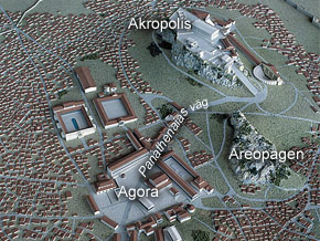 (Apg 17:23) Modell över antika Aten. Stadens huvudgata Panathenaias väg passerade genom stadens Agora, marknadsplatsen, upp mot Akropolis.