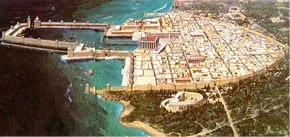 (Apg 10:3) Vid tretiden på eftermiddagen bad Cornelius i sitt hus och fick änglabesök. Bilden är en illustration baserad på utgrävningar som visar hur den romerska staden Caesarea kunde sett ut vid den här tiden.