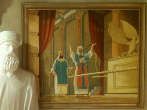(4 Mos 8:23) Präster som gör tjänst i templet. På målningen syns översteprästen i mitten, en präst och förbundsarken. Målning från tempelinstitutet i Jerusalem.