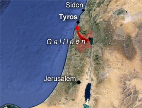 (Mark 7:24) Jesus beger sig västerut till området kring kuststaden Tyros.