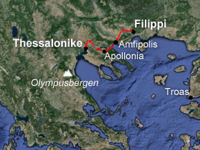 (Apg 17:1) Vägen från Filippi till Thessalonike.