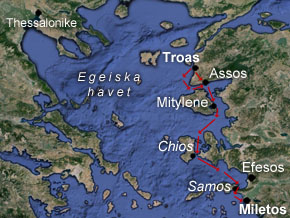 (Apg 20:13) Paulus och resesällskapet på omkring tio personer färdas från Troas ner till Miletos på deras väg mot Jerusalem.