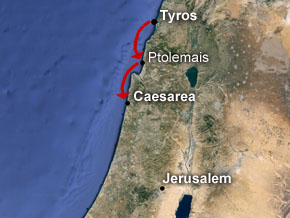 (Apg 21:7) Från Tyros seglade man längs med kusten ner till Caesarea.