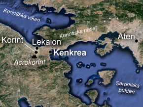 (Rom 16:1) Korint hade hamnstäderna Lekaion i nordväst och Kenkrea i öster. Febe var församlingstjänare i Kenkrea och troligen den som tog med sig brevet till Rom.