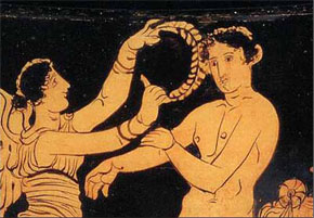 (1 Kor 9:23) Bild från ett antikt lerkärl där en vinnare kröns med en olivkrans.