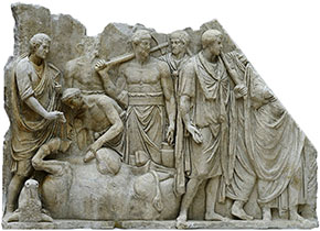 (Hes 21:21) Offer framför Jupitertemplet i Rom omkring 120 e.Kr. Prästen undersöker levern och rådfrågar gudarna. Marmorreliefen finns på Louvren i Paris.