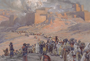 (Klag 1:1) James Tissots målning när israeliterna förs bort till Babylon och Jerusalem bränns ner.