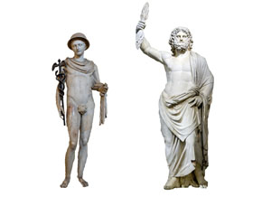 (Apg 14:14) Till höger den mäktigaste grekiske guden Zeus och till vänster hans son Hermes.